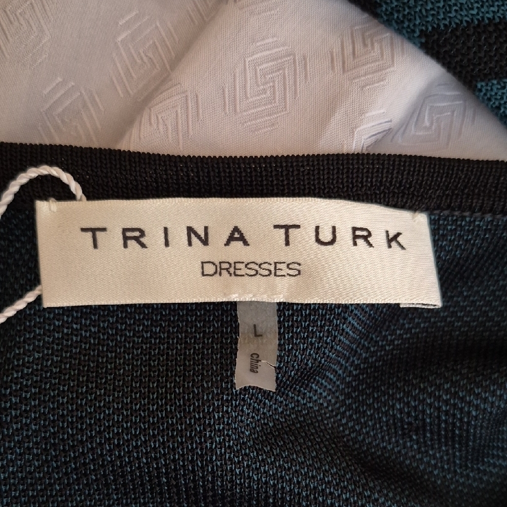 Trina Turk Black and Teal Geometric Long Sleeve Dress - Picture 5 of 6